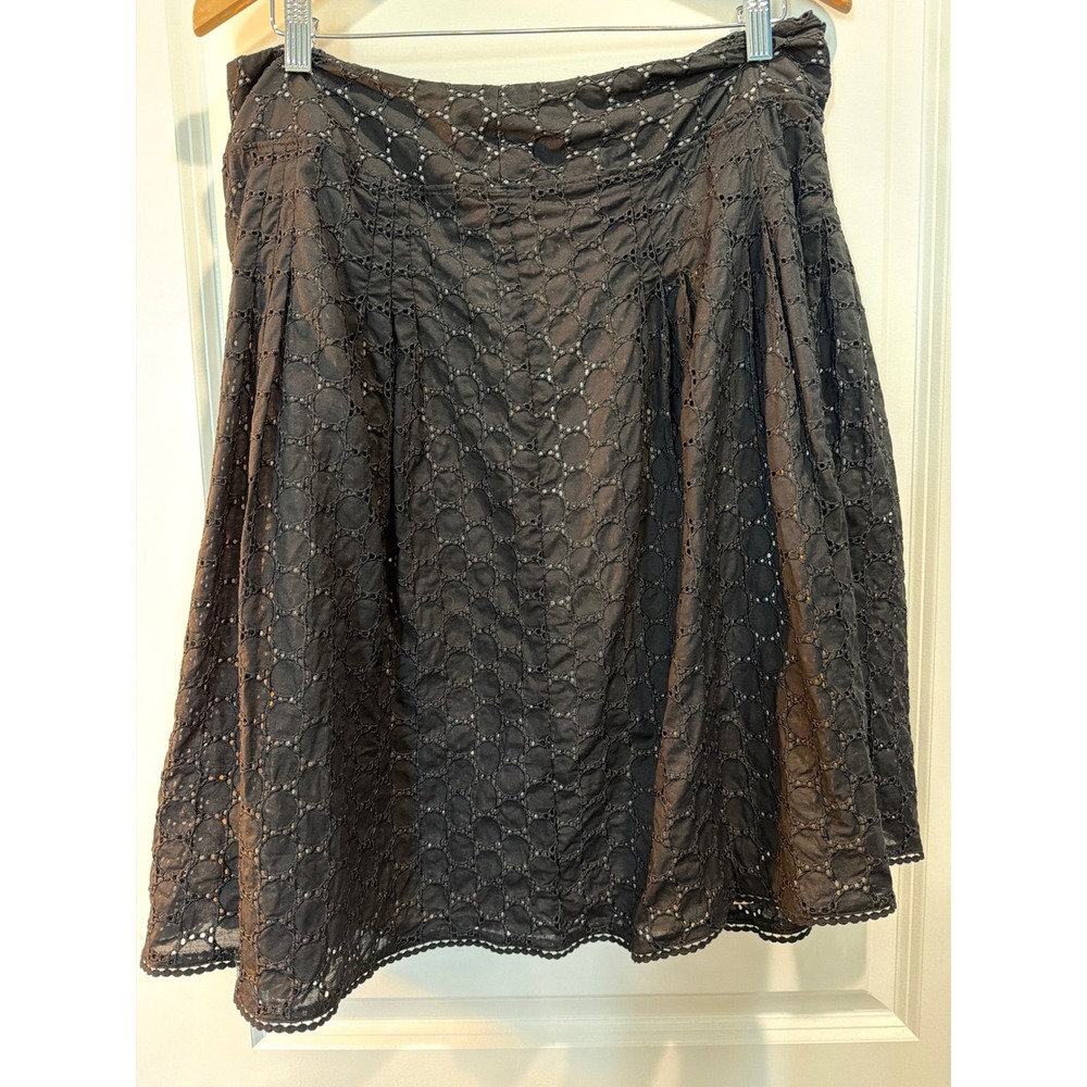 Ann Taylor Black Cotton Eyelet A-Line Skirt Size 14 Pleated Scalloped Hem